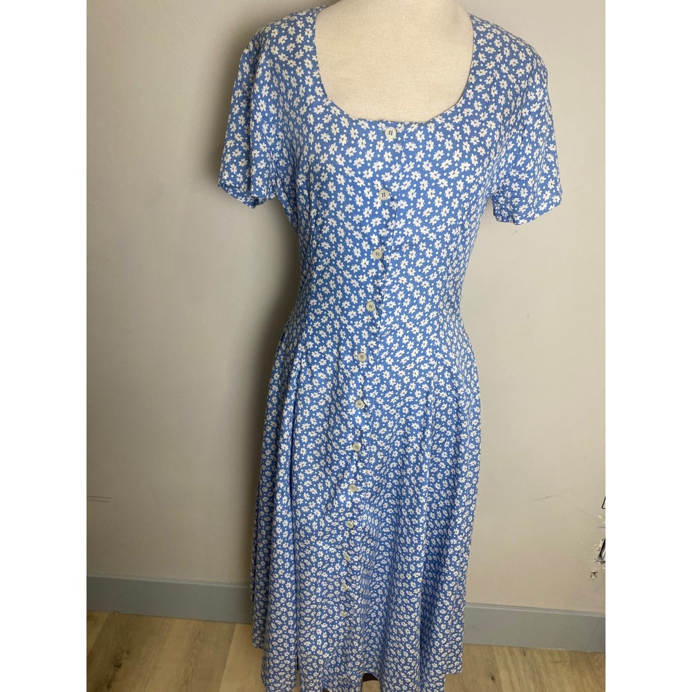 Vintage 90s Esprit Blue Floral Daisy Button Front Midi Tea Dress Size 3 4